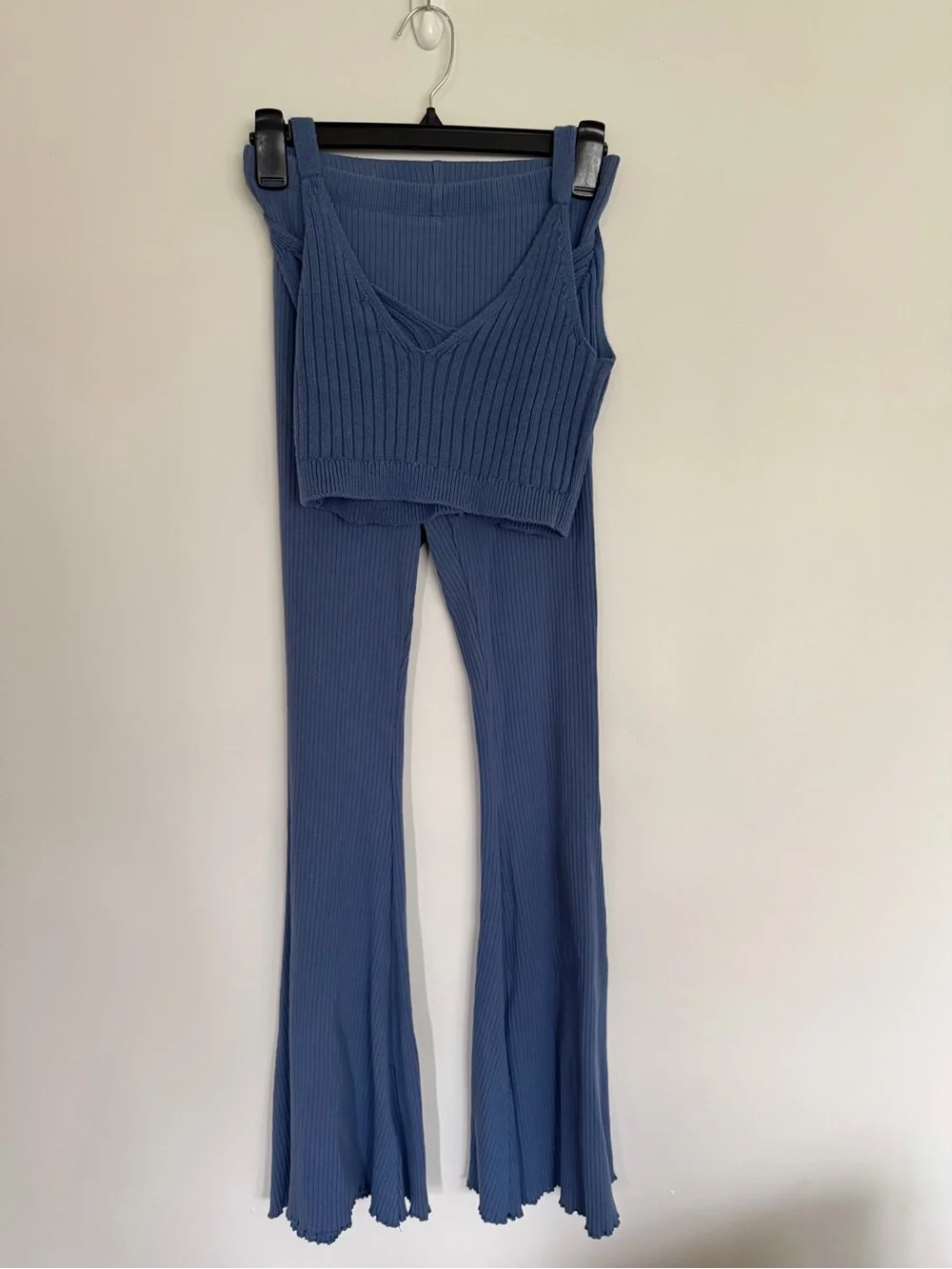 Aerie Blue Ribbed Flare Pants & Knit Crop Top Set Size Small